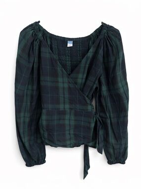 Old Navy Green & Black Plaid Wrap Blouse Long Sleeve Tie Front Top Size Large